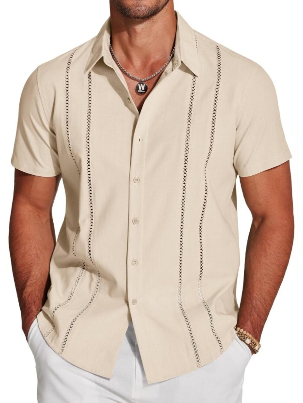 Men's Beige Cuban Guayabera Shirt Short Sleeve Button Down Linen Casual Summer